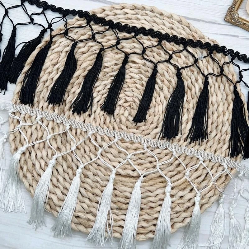 3야드/묶음 블랙 화이트 핸드 노팅 레이스 트림 태슬 프린지 무대 의상 라틴 드레스 커튼 홈 장식 M0525