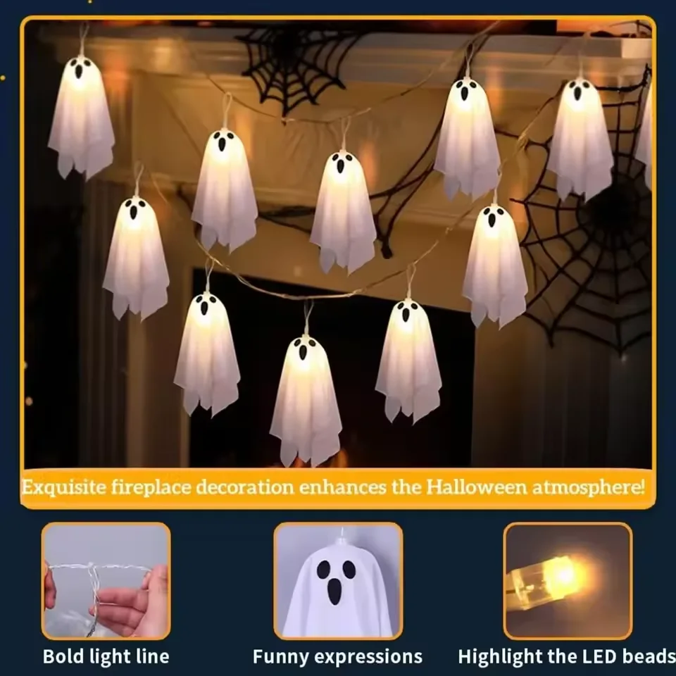 1set Halloween Decoration Hanging Ghosts Spooky Ghosts String Light LED Glowing White Ghost Garland Haunted House Horror Props