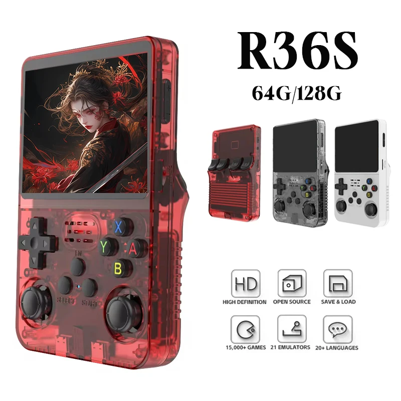 Consola Portátil R36S Con Sistema Linux De Código Abierto, Pantalla IPS 3.5 Pulgadas, Doble Joystick, RK3326, 15000+ Juegos Retro, 32GB+64GB, Batería 3500mAh