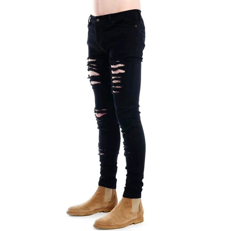 Men Jeans Narrow Feet Punk Rock Micro Elastic Fabric Ripped Jean Pants men jeans ripped jeans