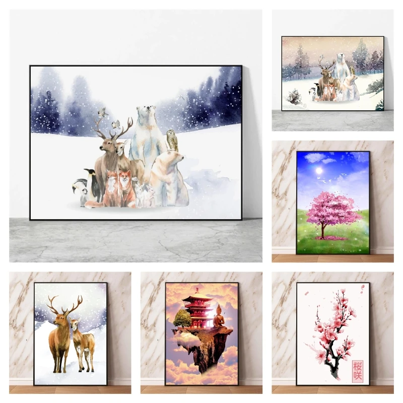 

Плакаты на холсте с изображением животных на снегу в лесу, HD печать, художественные принты, Модульная картина, детские подарки, настенные наклейки, декоративные картины