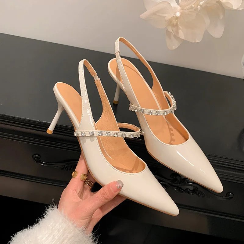 

MKKHOU Fashion Pumps New High Quality True Leather Pointed Shallow Mouth Crystal High Heels Open Heel Sandals Summer Open Shoes