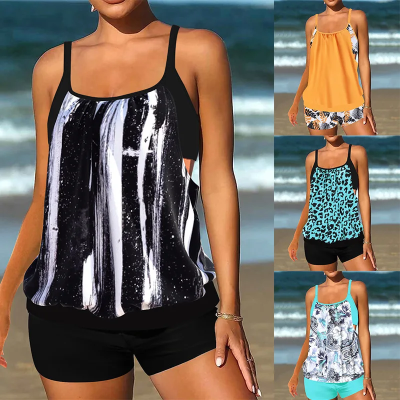 Women 2-Piece Beach Swimsuit Sleeveless High Waisted Shorts Prints Summer Vacation Casual Bathing Suit Womens Tankini