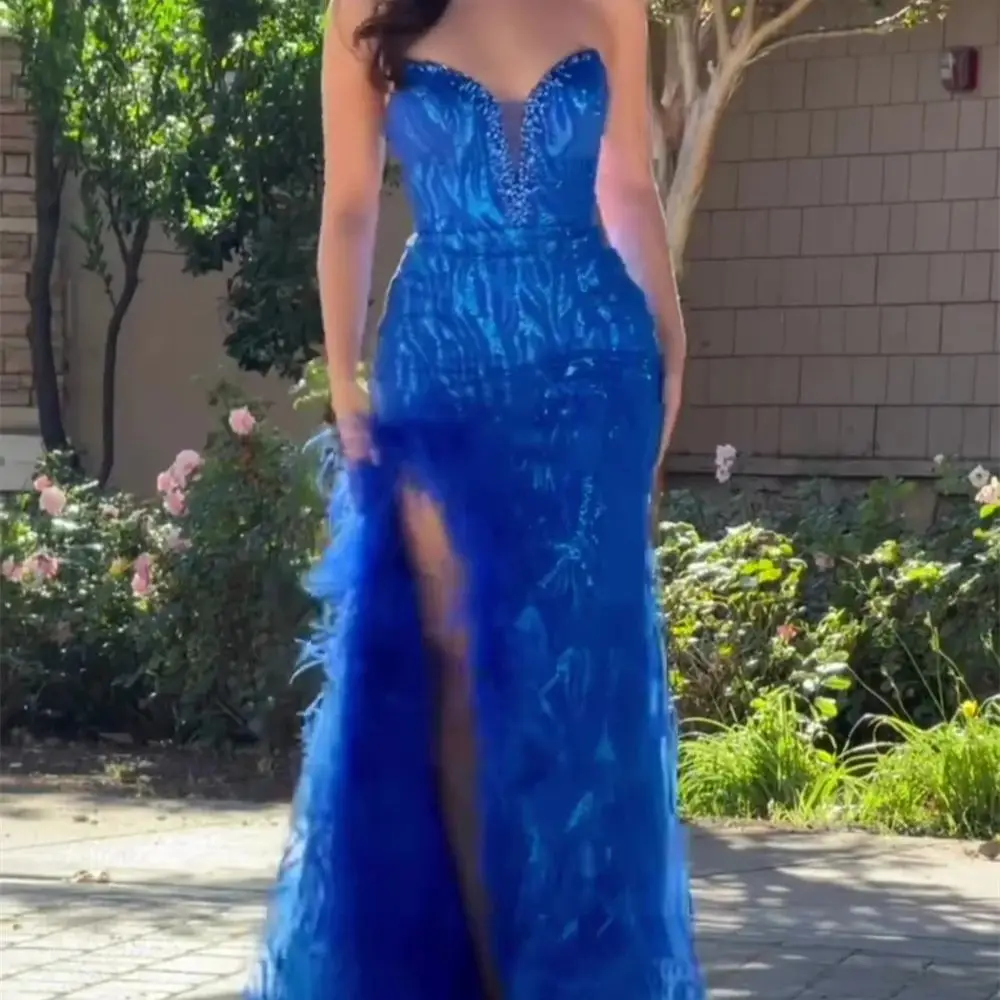 

Женское вечернее платье с перьями, синее платье для выпускного вечера с открытой спиной и высоким разрезом