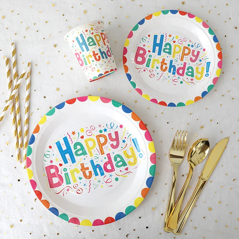 Children Birthday Disposable Cutlery Paper Plate Happy Birthday Party Cutlery Set Colored Paper