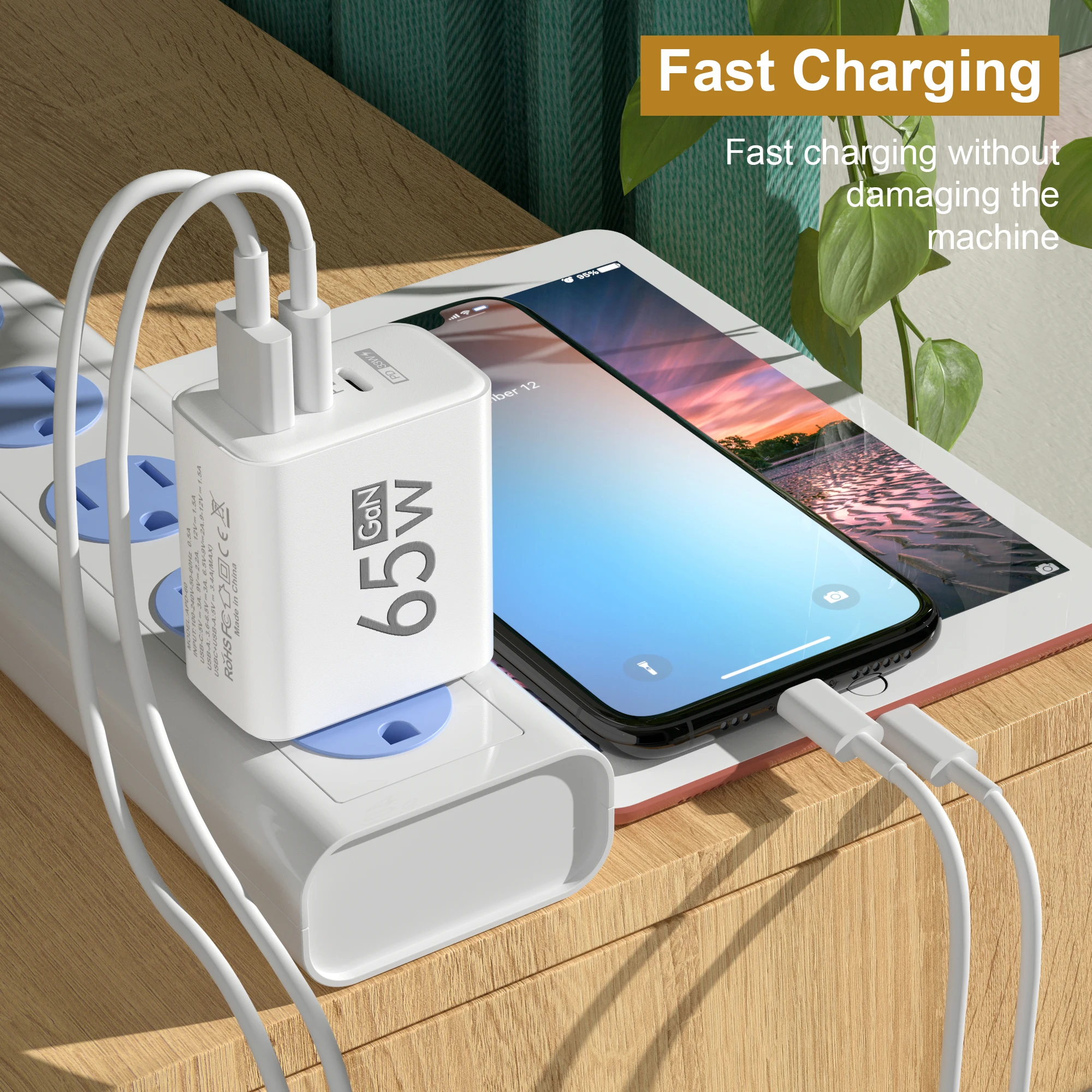 65W 3 Ports GaN USB PD Charger Fast Charging Type C Mobile Phone Adapter Quick Charger 3.0 For iPhone 15 Samsung Xiaomi Huawei