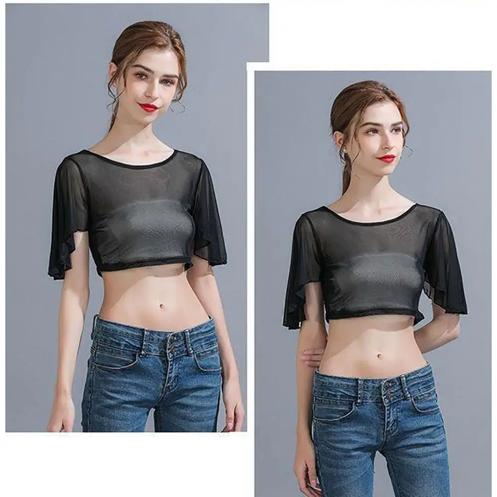 Nylon Spandex Black White Short Sleeve Women Crop Tops