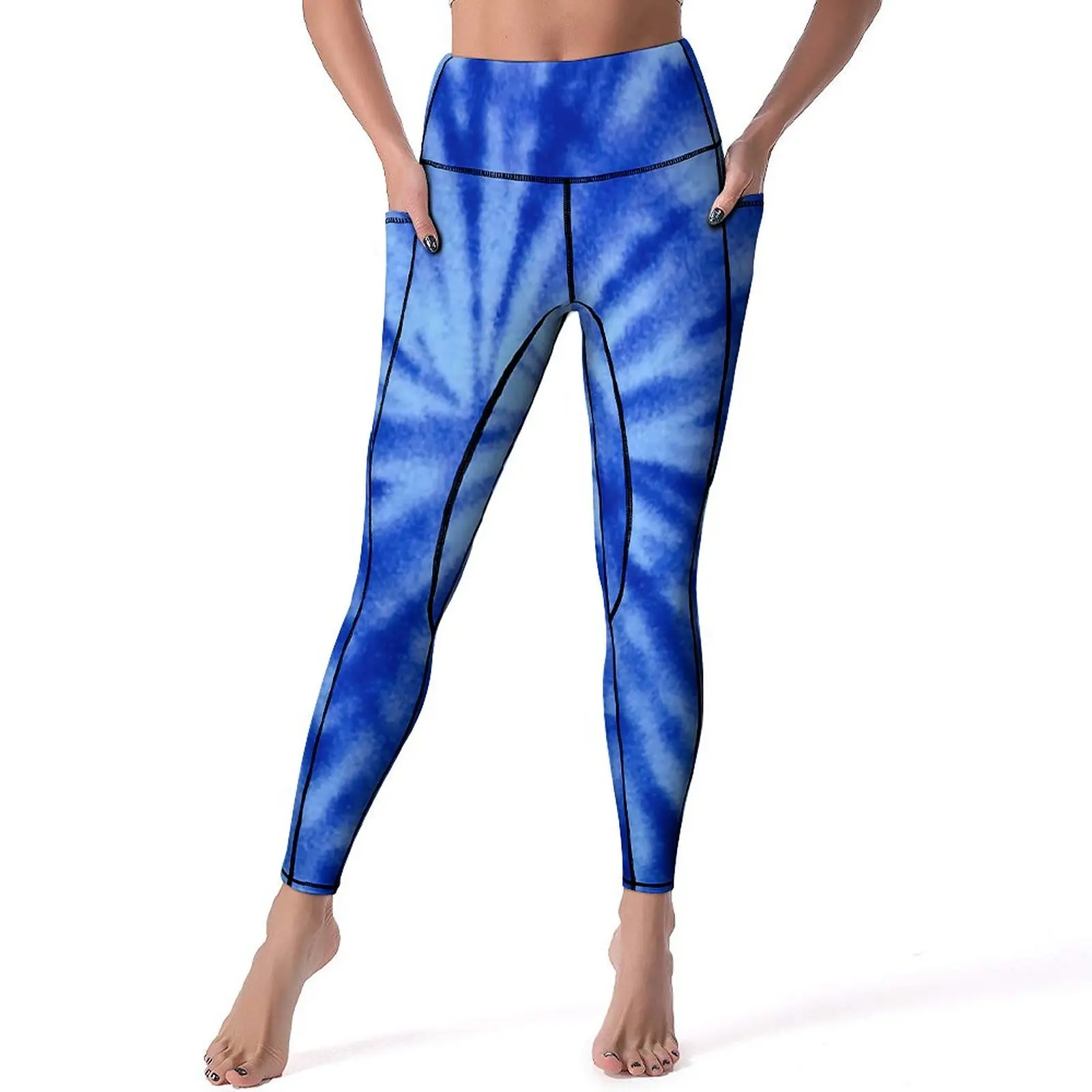 

Tie Dye Leggings Sexy Blue Spiral Swirl Fitness Yoga Pants Push Up Elastic Sports Tights Pockets Novelty Pattern Leggins