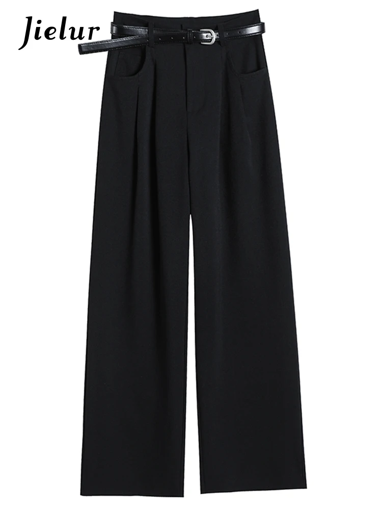 Jielur New Grey Casual Belt Women's Pants High Waist Straight Loose Solid Color Slim Fashion Female Wide Leg Pants Office Lady