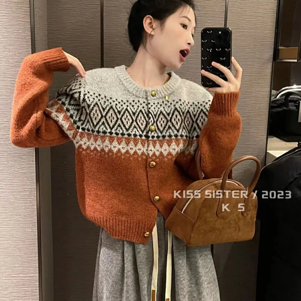 

Hsa Contrast color Retro knitted cardigan for women autumn and winter new style Snowflake Chic y2k soft waxy sweater