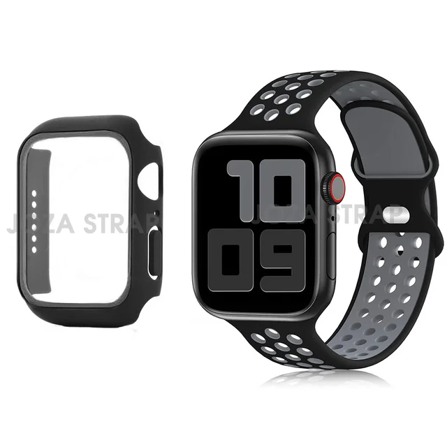 Case+Strap For Apple Watch band 44mm 45mm 38mm 42mm 41mm Silicone watchband  suit bracelet for iWatch series 3 4 5 6 se 7 band 20 Black grey suit