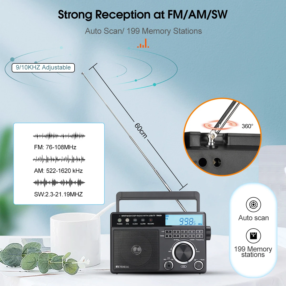 Retekess TR629 Draagbare Radio AM FM SW Met MP3 En Wekker - Ideaal Voor Ouderen