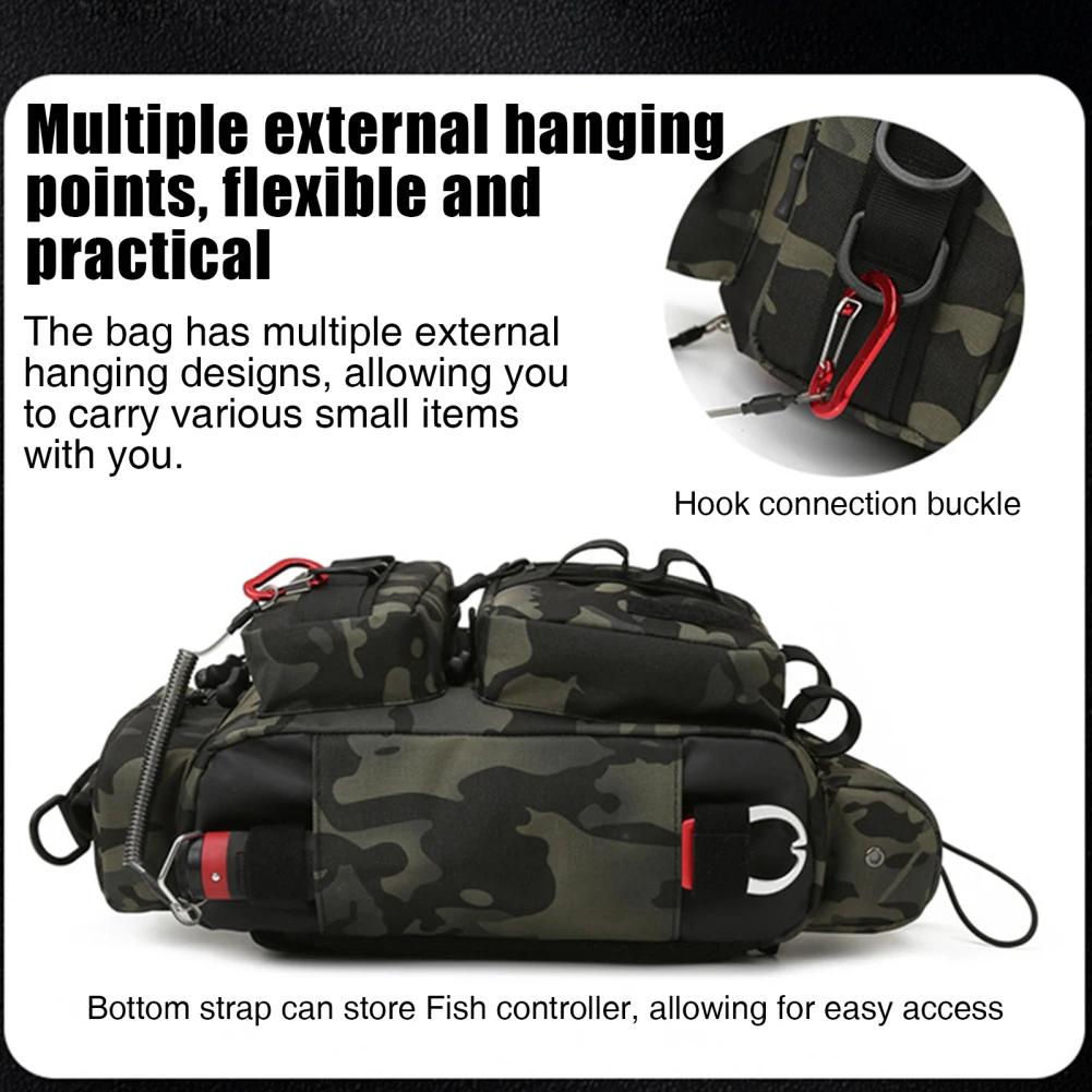 Outdoor Camouflage Fishing Tackle Bag Lightweight Large Capacity Reflective Strip Design Storage Bag With Rod Holder