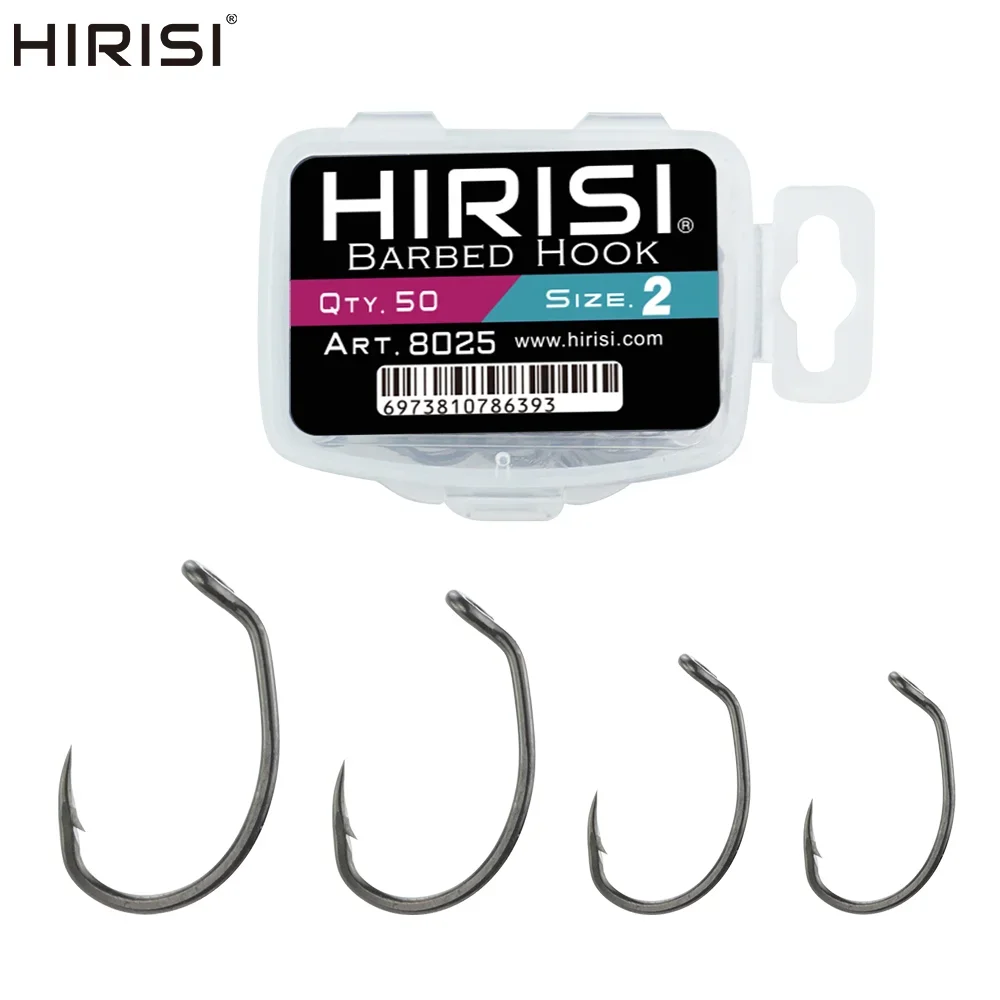 Hirisi 50 Stück PTFE-beschichtete Angelhaken aus Edelstahl mit hohem Kohlenstoffgehalt und Widerhaken mit Auge, Angelzubehör 8025