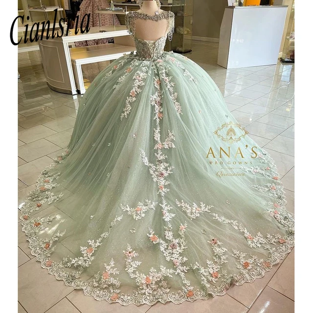 Green Princess Ball Gown Quinceanera Dresses Sweet 15 Party 3D Flowers Lace Applique Crystal Beads Sequin Birthday Gowns cc479