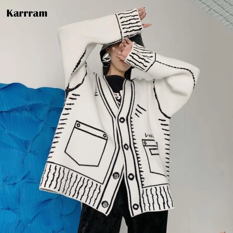 

Print Graffiti Unique Cardigan Women Loose V-neck Long Sleeve Luxury Knitted Female Cardigans Coat Y2k 2021 Winter
