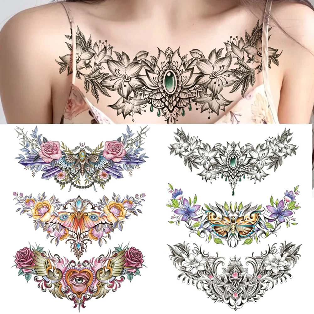 Wasserdicht Temporäre Tätowierung Aufkleber Große Brust Schönheit Blume Mode Bunte Schmetterling Edelstein Diamant Kunst Gefälschte Taille Tattoos Frau – Detail 2