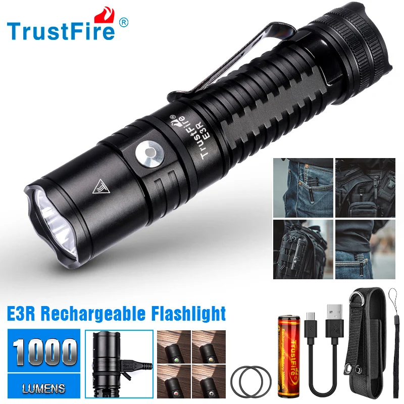 Trustfire E3R 충전식 LED 손전등, USB 충전, 1000 루멘, 18650 포켓 Edc 토치 램프, 관광 및 야외 캠핑