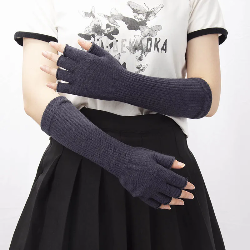 

New Women Long Knitted Half Finger Gloves for Girl Autumn Winter Arm Warmers Unisex Black Elbow Work Men Goth Fingerless Gloves
