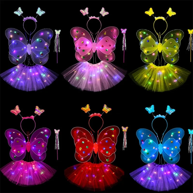 LED Children Costume Props Girls Skirt Angel Luminous Wings Flashing Butterfly Skirt Lights Suit 2-8year New Year Christmas Gift