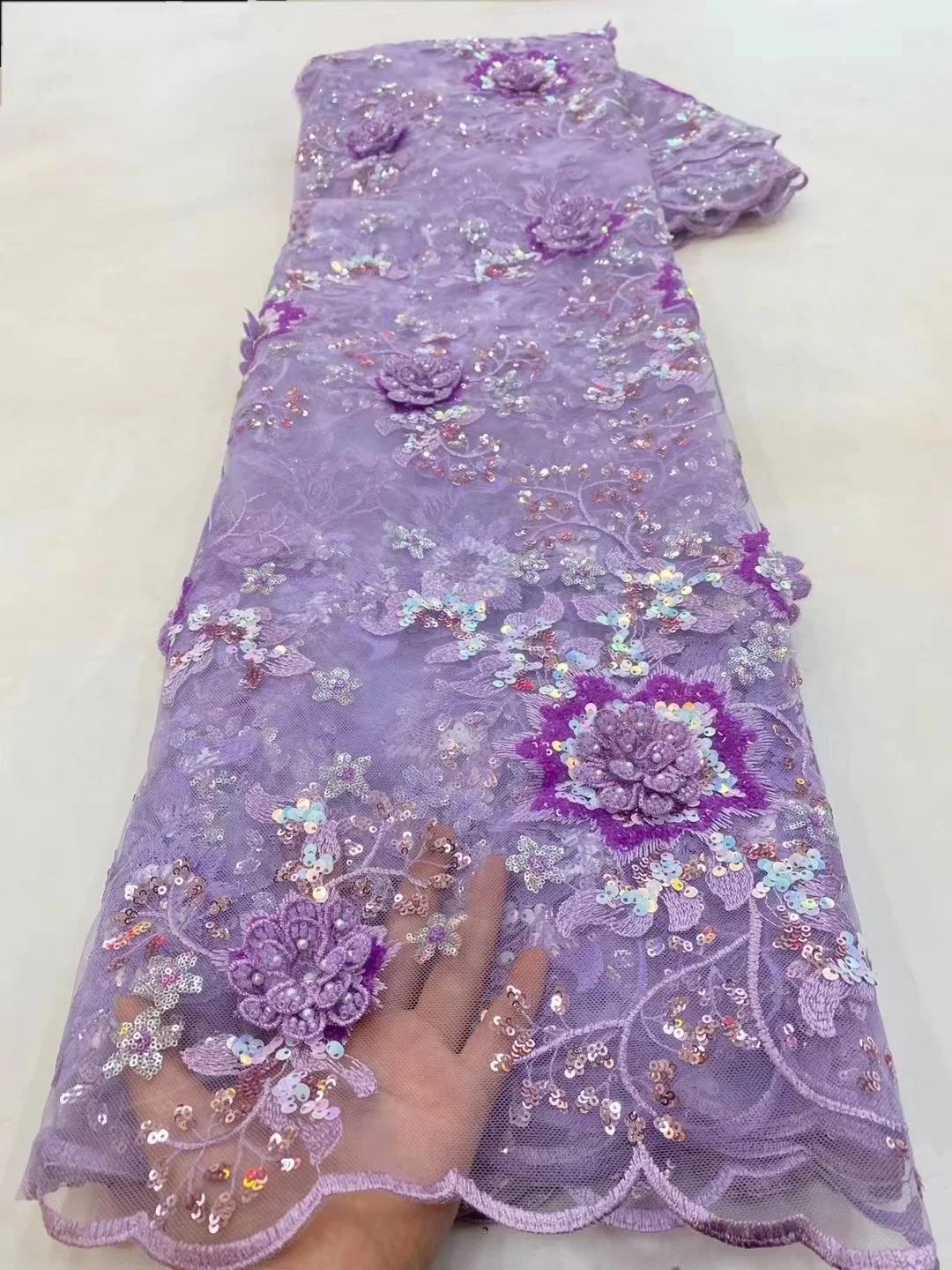 

Purple Nigerian 3D Groom Lace Fabric With Sequins For Wedding 2023 High Quality Tulle Lace French Net African Lace Fabric