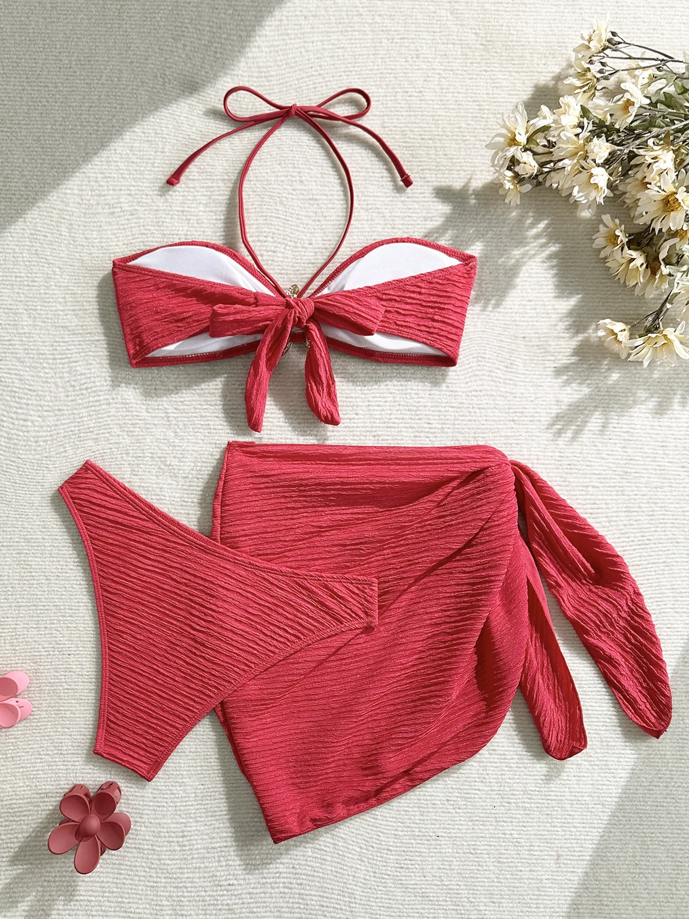 Sexy Metal Starfish Bikinis Set Women Brown Bandeau Push Up Mesh Skirt 3 Piece Swimsuit 2025 Beach Bathing Suit Holiday Swimwear 5