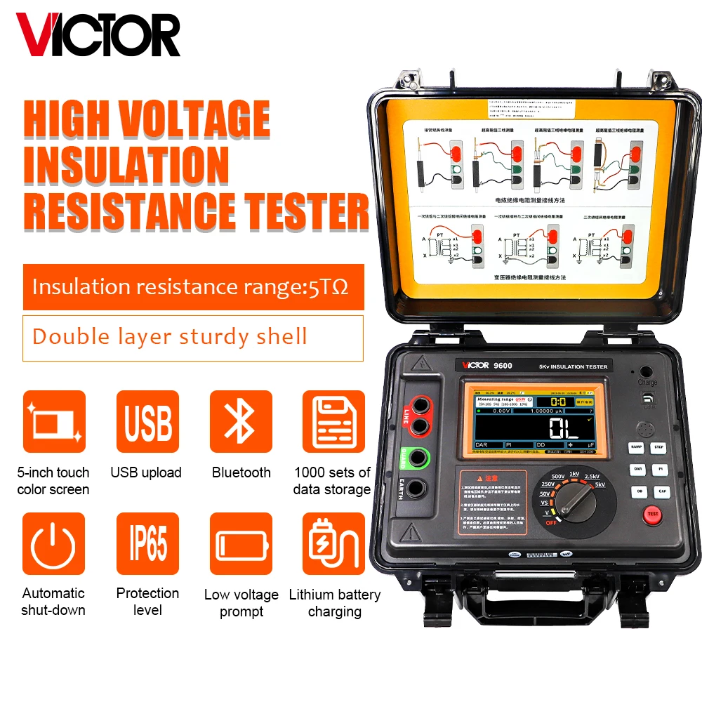 

Victor 9600 High Voltage Insulation Resistance Tester 10KV 10TΩ Hi-Accuracy Rechargeable Lithium Battery Ground Resistance Meter