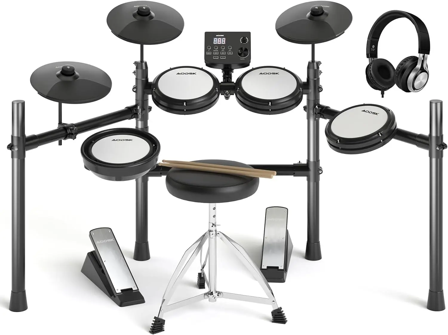 

Electric Drum Set with Quiet Mesh Pads, Electronic Drum for Beginner, USB MIDI, Throne, Headphones, Sticks, Included 15 Kits and