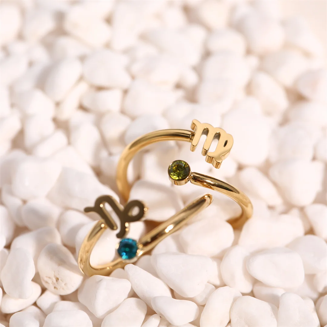 Zodiac Sign Birth Stone Ring For Women Stainless Steel 18K Gold Plated Open Finger