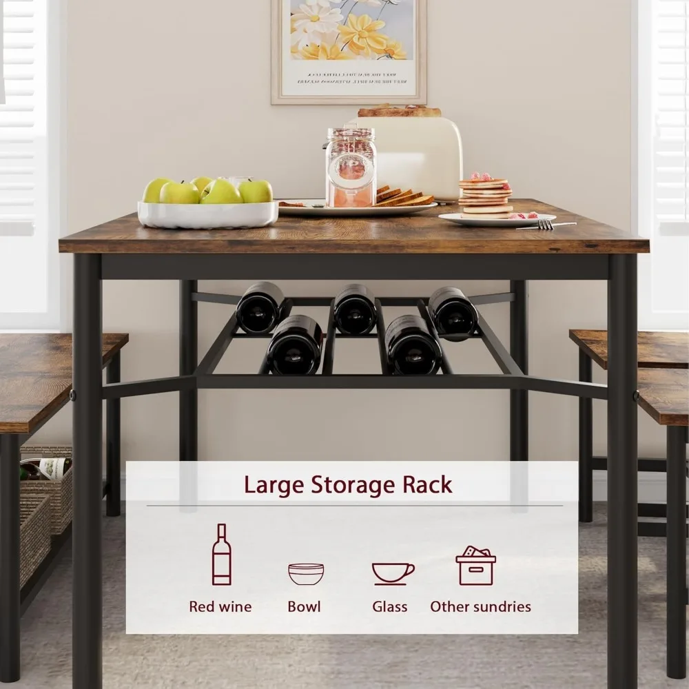 Dining Tables Set for 4 Kitchen Tables and Chairs with Storage Bench Kitchen Table Set with Wine Rack Dining Room Table Brown