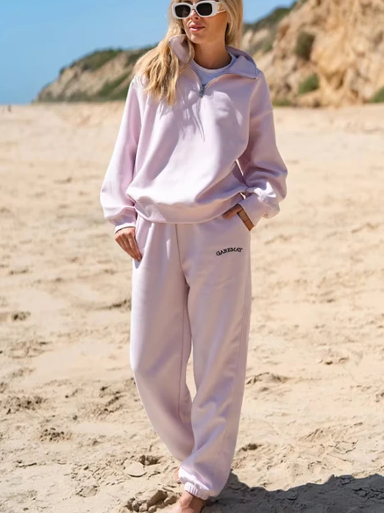 FSMG Casual Cotton Tracksuit with Zipper Women's Oversize Long Sleeve Lapel Sweatshirt Elastic Waist Pant 2 Piece Set Sports Set 4