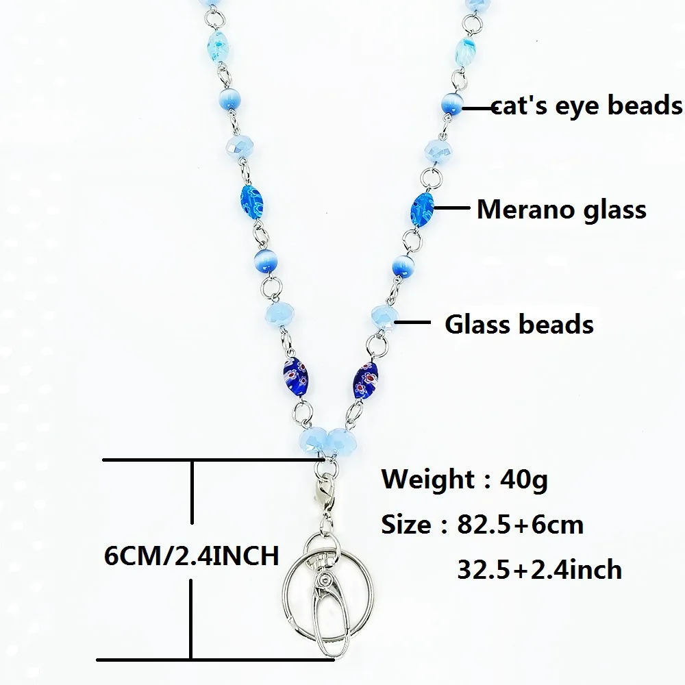 여성 패션 블루 비즈 끈, ID 홀더 이름 홀더 클립 끈 체인 키 ID 이름 배지 카드 홀더