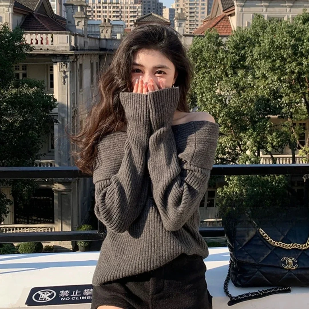 Fashion Autumn New Women's Slim-fit Long-sleeved Sweater One-word Shoulder Off-the-shoulder Women's Knitwear Sexy Top