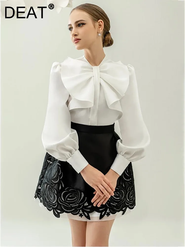 

DEAT Elegant 2 Pcs Set Bowknot Shirt Embroidery Spliced Hollow Out Flowers Short Skirt Women's Suit 2024 Summer Fashion 13DB2755