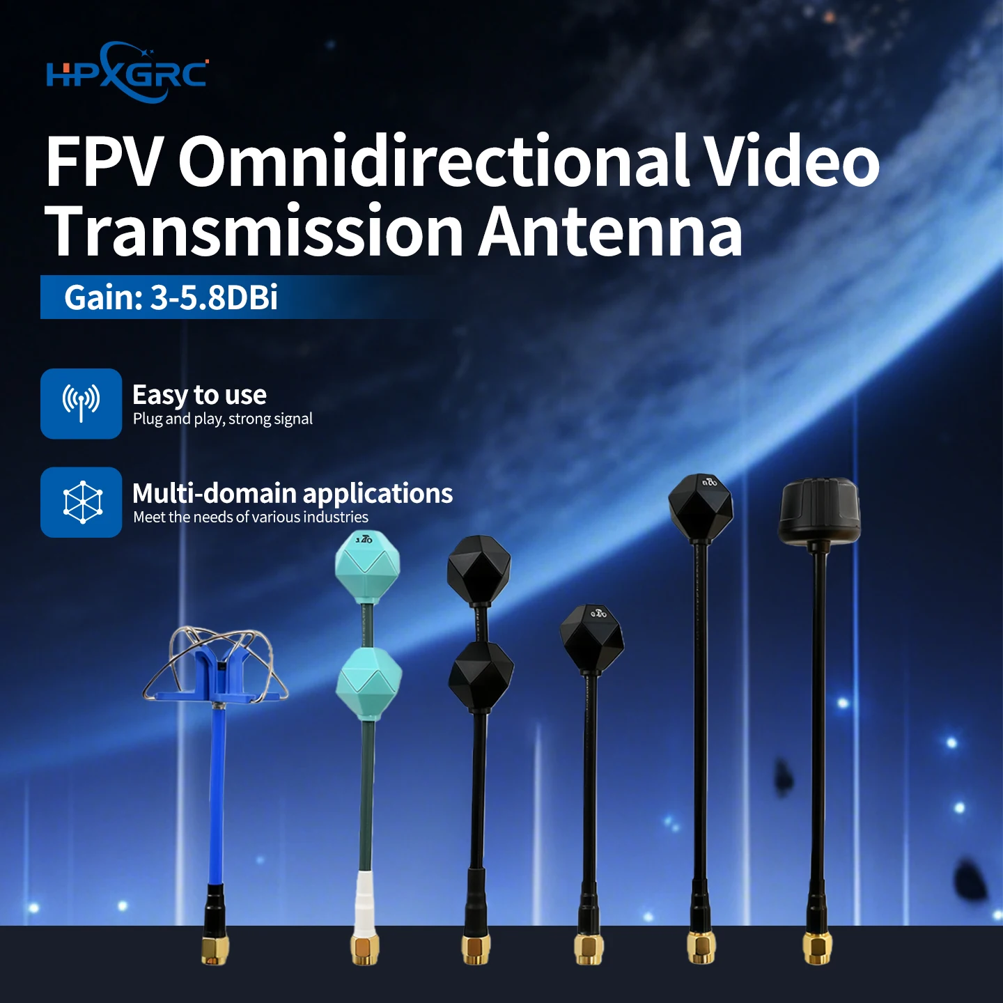 Antenne FPV 4.9G/5.8G RHCP RPSMA/SMA posée sur une surface noire, vue de côté.