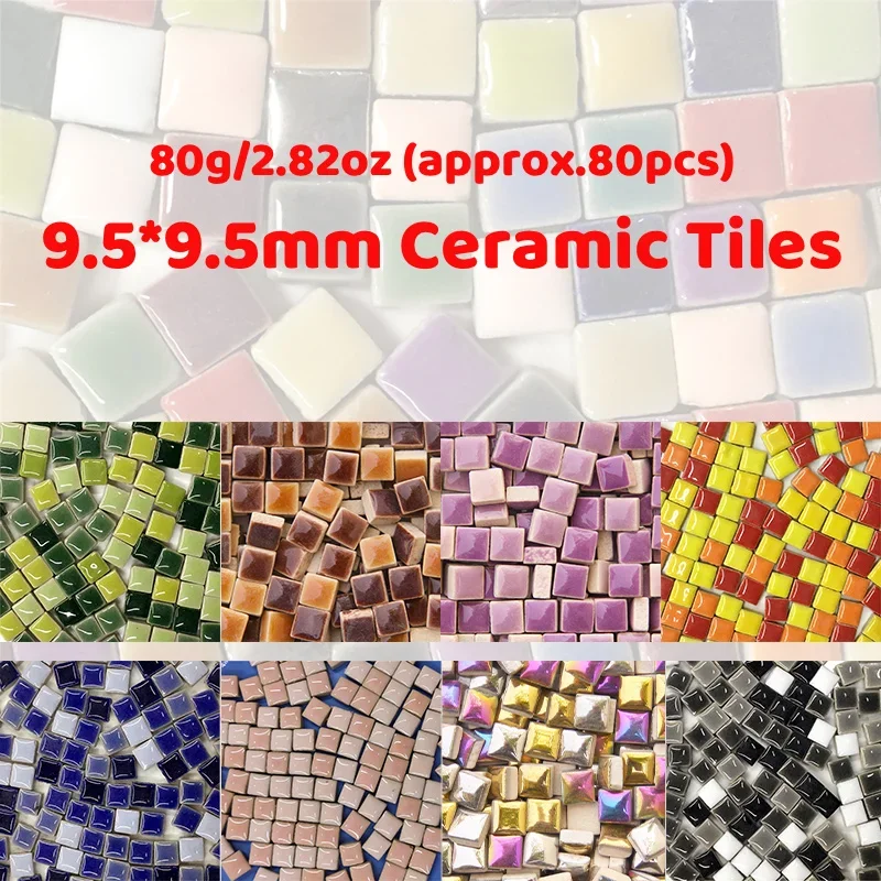 80g/2.82oz (env.) Carreaux de mosaïque en porcelaine carrés, carreaux exécutifs en céramique, matériaux de bricolage faits à la main, 80 pièces, 9.5mm