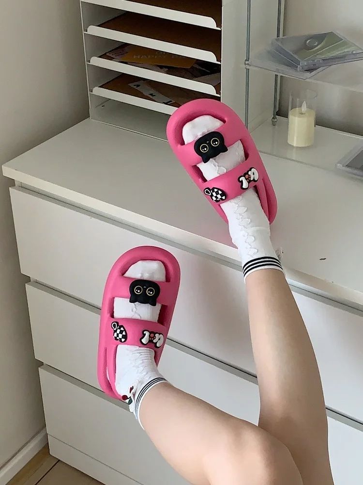 EVA Sandals Women Beach Shoes For Women Thick Sole DIY Hole Sandals Summer Sweet Cool Cute Black Cat Sandals