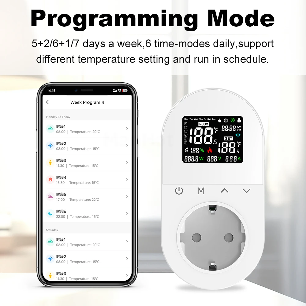 MANHOT Tuya 16A WiFi LCD Thermostat Wireless Electric Plug-in Thermostat Socket Temperature Controller Voice Control For Alexa