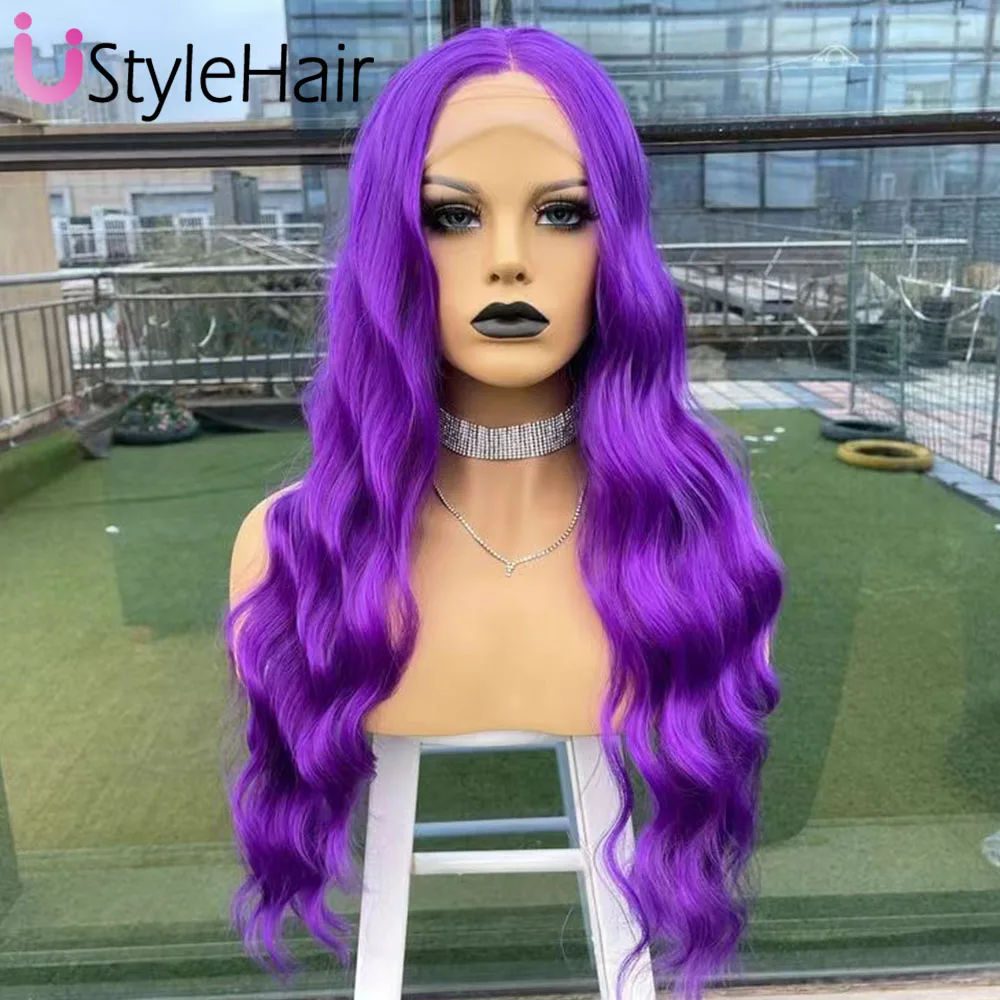 

UStyleHair Purple Natural Wave Wig Rose Red Synthetic Lace Front Wig Natural Hairline Daily Use Cosplay Wig Glueless