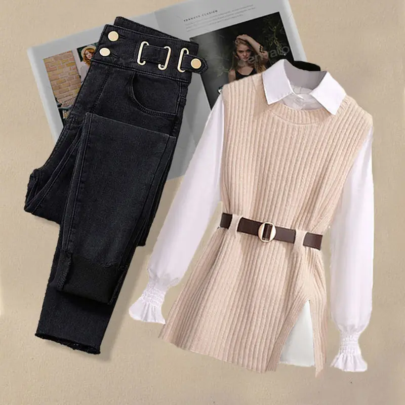 Large Autumn and Winter Suit for Women 2024 New Korean Fashion Knitted Vest Shirt Casual Slim Jeans Three Piece Set 3