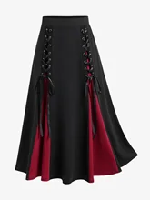  ROSEGAL Gothic Lace Up A Line Skirt For Women Godet Hem Colorful Y2K Elastic Waisted Midi Skirt Ladies Cozy Basic Bottoms 4XL 