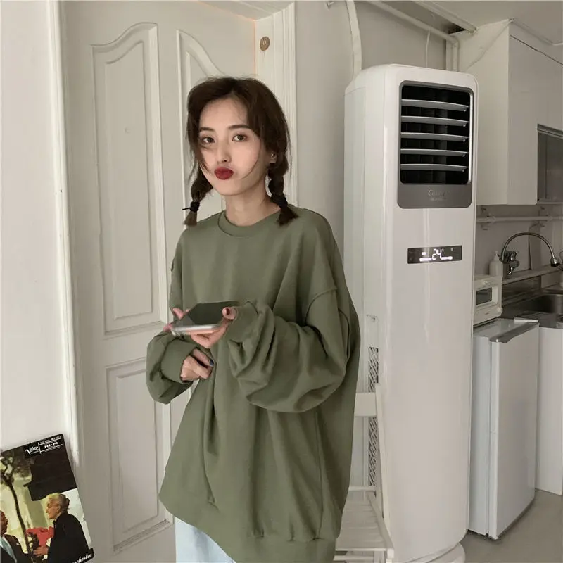 

Thin Cotton Long Sleeve Top Ladies 2022 Early Spring New Solid Color Loose Pullover Sweater Bottom Outer Pullover