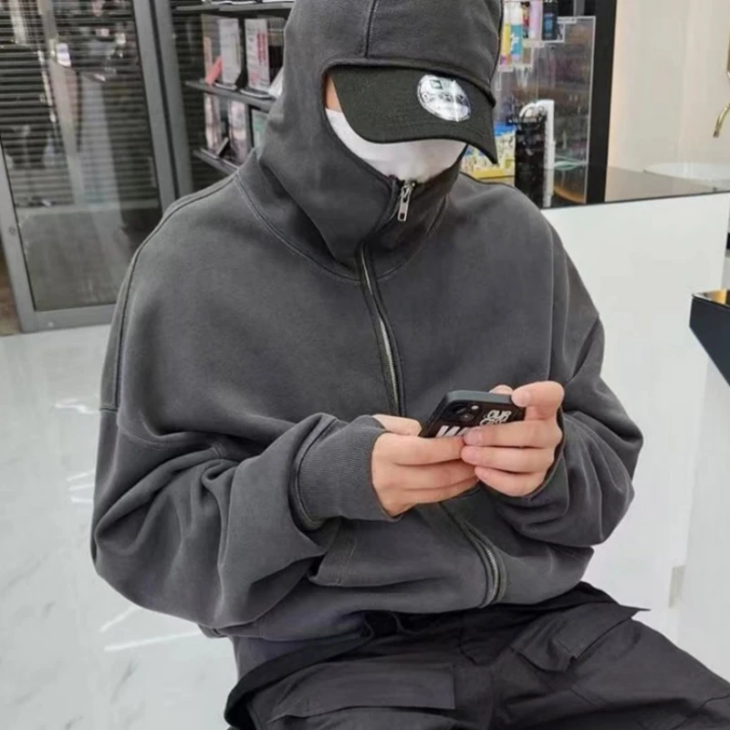 

Solid color high street zipper ninja mask hooded loose hoodie jacket