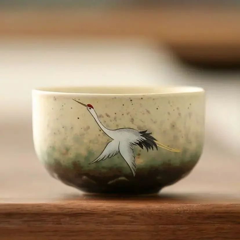 Traditional Chinese Style Tea Cup Flying Crane Pattern Retro Ceramic Teacup Coffee Cup Coarse Pottery Cups