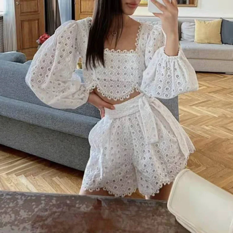 VGH White Casual Shorts Sets Female Square Collar Puff Long Sleeve Short Top High Waist Lace Up Short Loose Women's Suits Summer skirt and top co ord