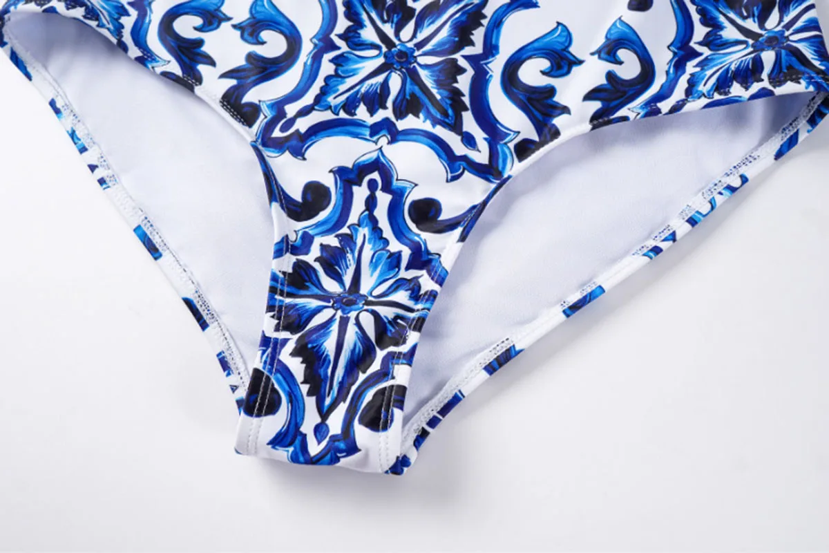 Women Swimwear Blue Suspenders Swimsuit Two-piece set Summer Print Bodysuit Bikini Set Beach Style Wear Maxi Dress Skirt 6