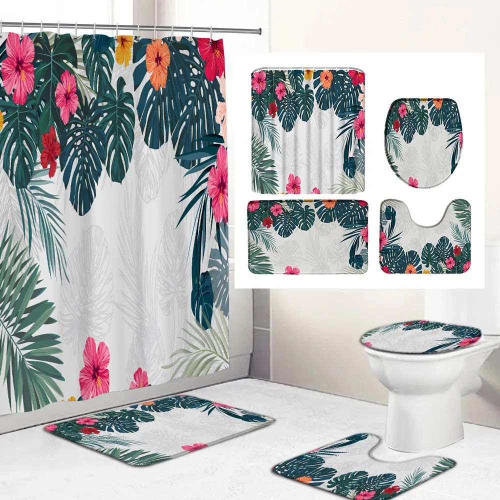 

Bathroom Shower Curtain Green Tropical Plant Leaves Flowers Printed For Bath Anti-Slip Mat Sets Toilet Cover Kitchen Carpet
