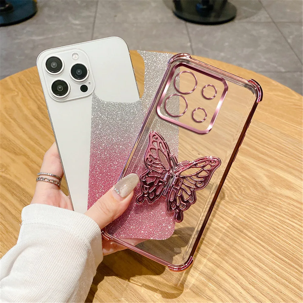 Shockproof Glitter Butterfly Holder Stand Phone Case with Plating Silicone Cover
