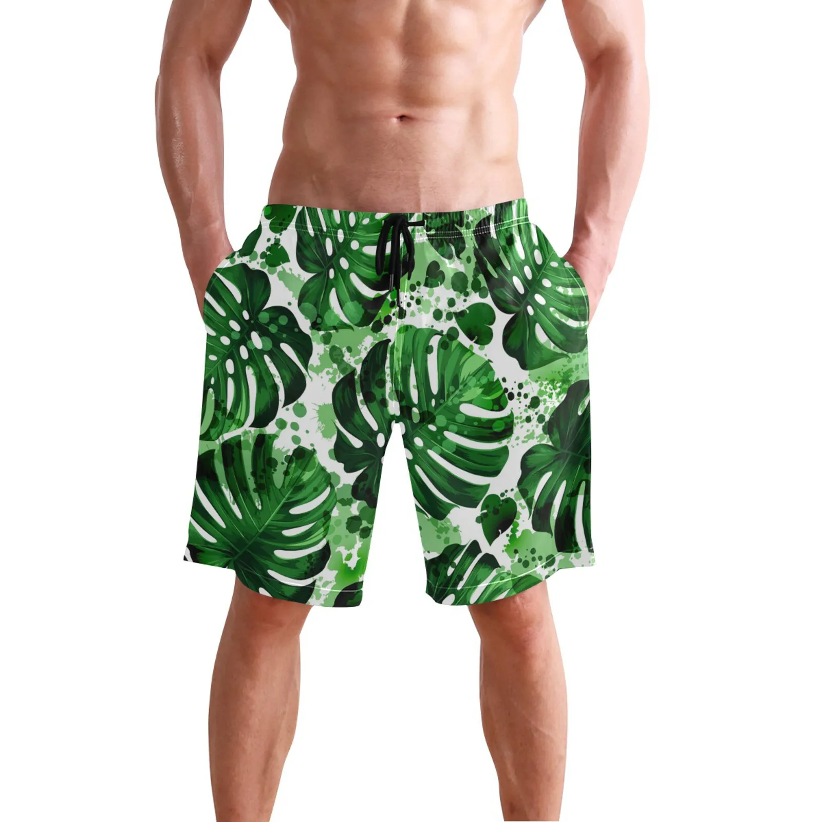 2022 Men's Summer Beach Shorts Tropical Palm Leaves Print With Pockets Casual BoardShorts Vacation Holiday Beachwear Masculina