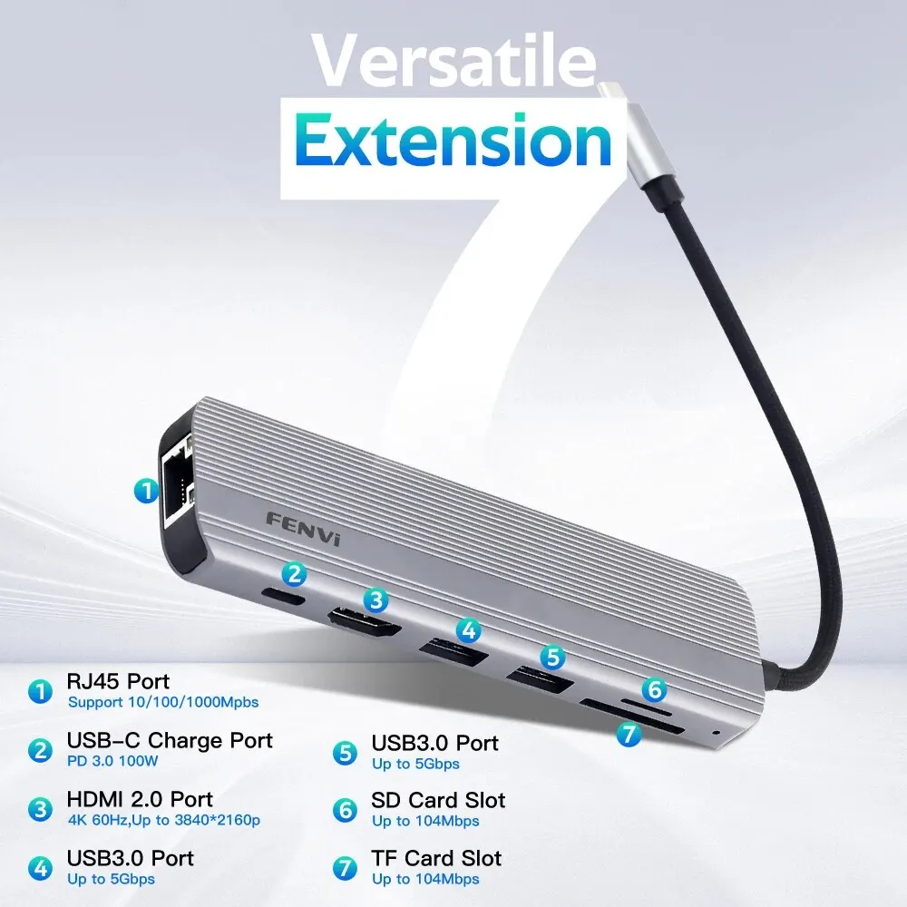 FENVI 도킹 스테이션 C타입 허브 스플리터 컨버터, HDMI 4K 60Hz USB 3.0, RJ45 PD 100W 고속 충전 SD TF USB C 독, 7 in 1